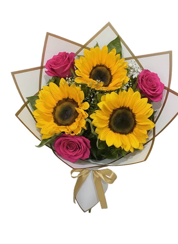 Ramo de tres girasoles y tres rosas con paniculata