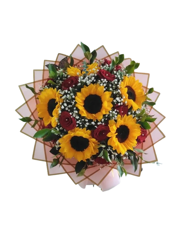 Buchón de seis girasoles y diez rosas