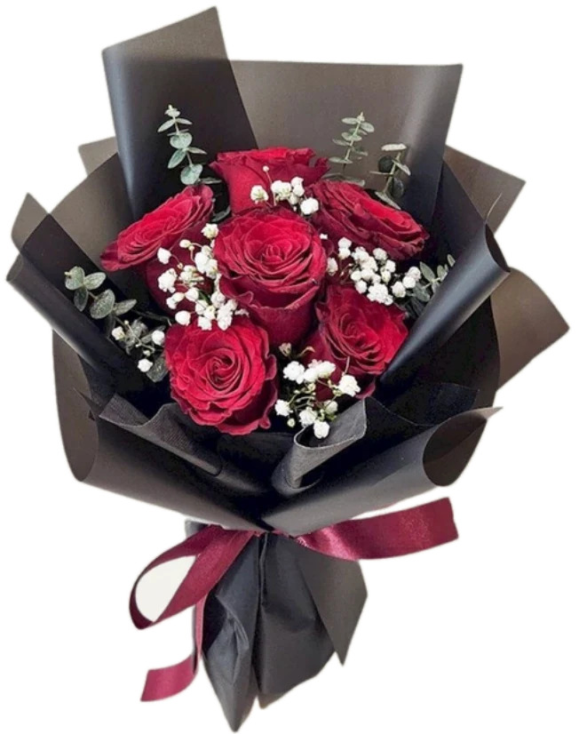 Ramo de seis rosas rojas con paniculata en papel negro