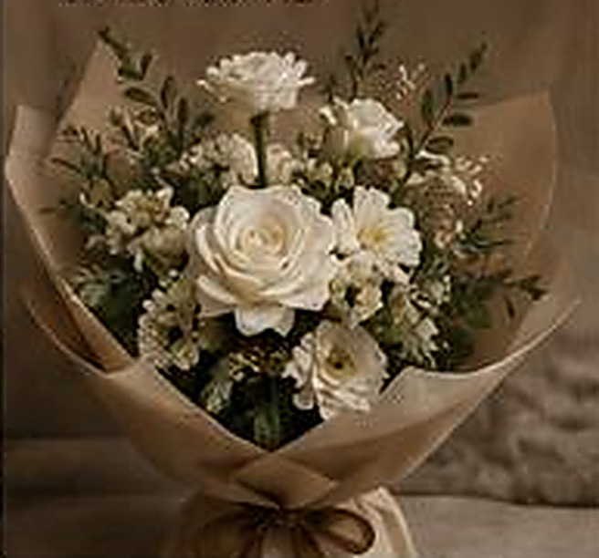Ramo de rosas blancas y astromelias sobre papel craft natural