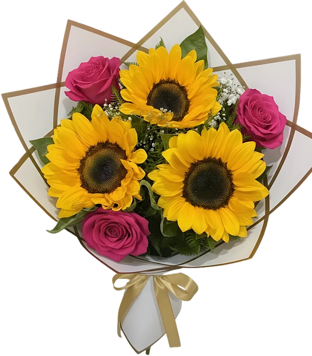 Ramo de tres girasoles y tres rosas