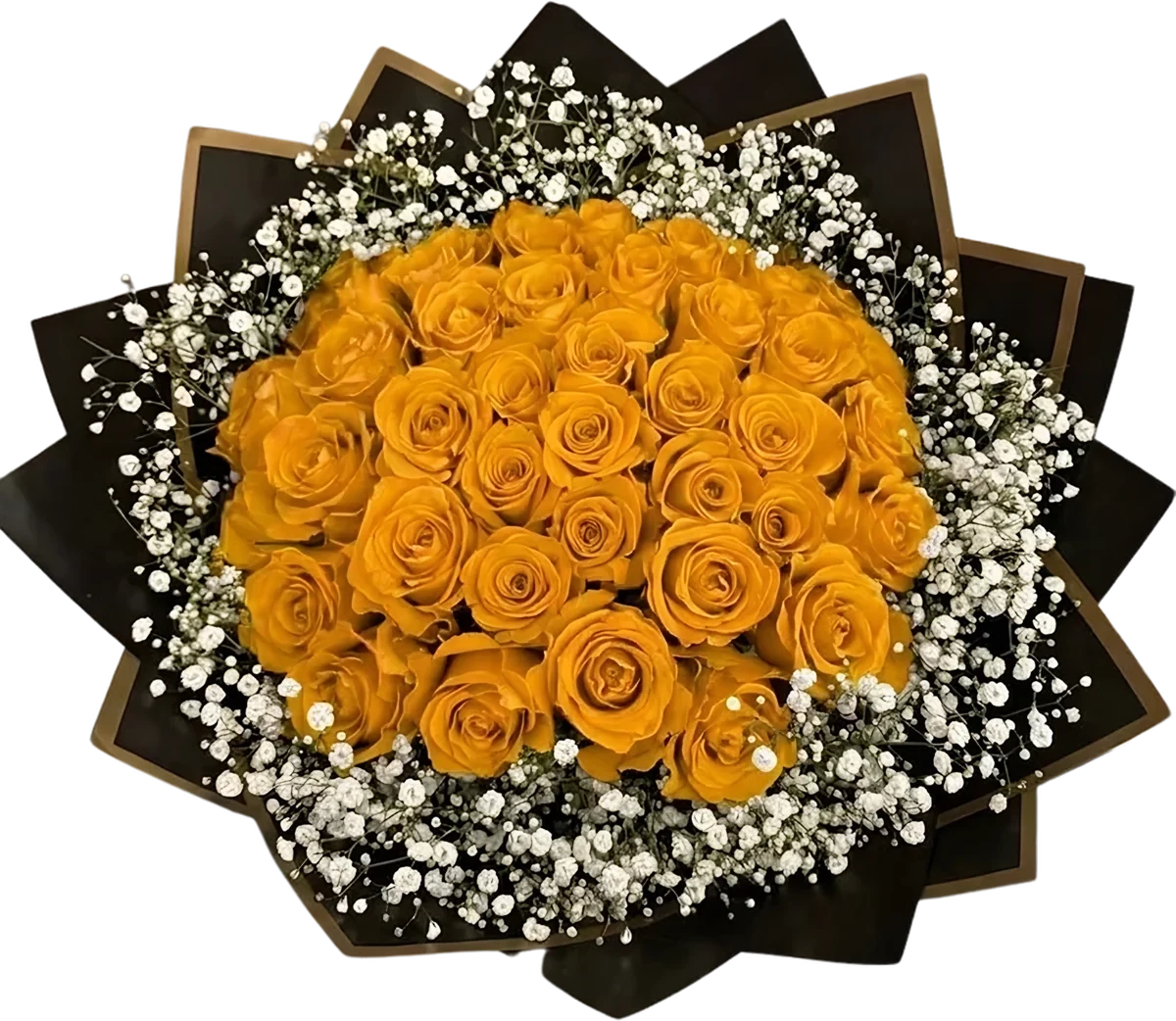 Buchón de cincuenta rosas amarillas rodeadas de paniculata