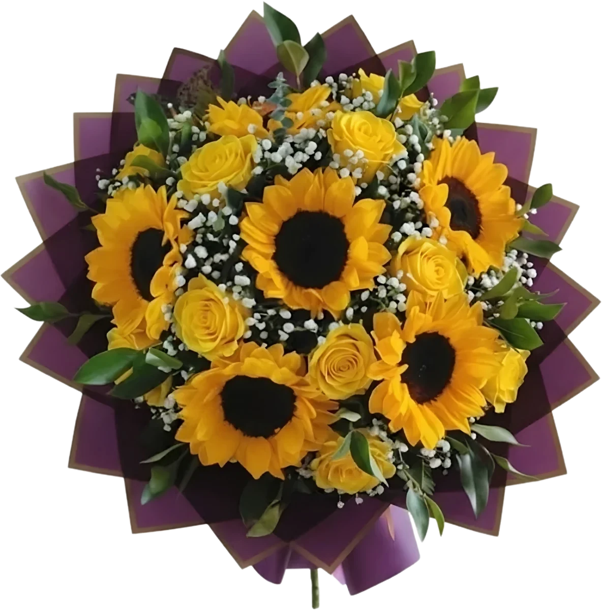 Buchón de seis girasoles y diez rosas amarillas