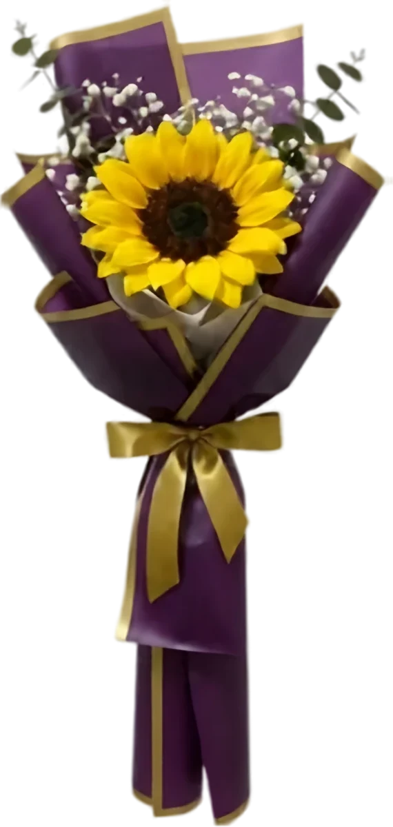 Ramo de un girasol con paniculata y eucalipto