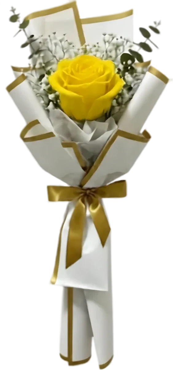 Ramo de una rosa amarilla con paniculata y eucalipto
